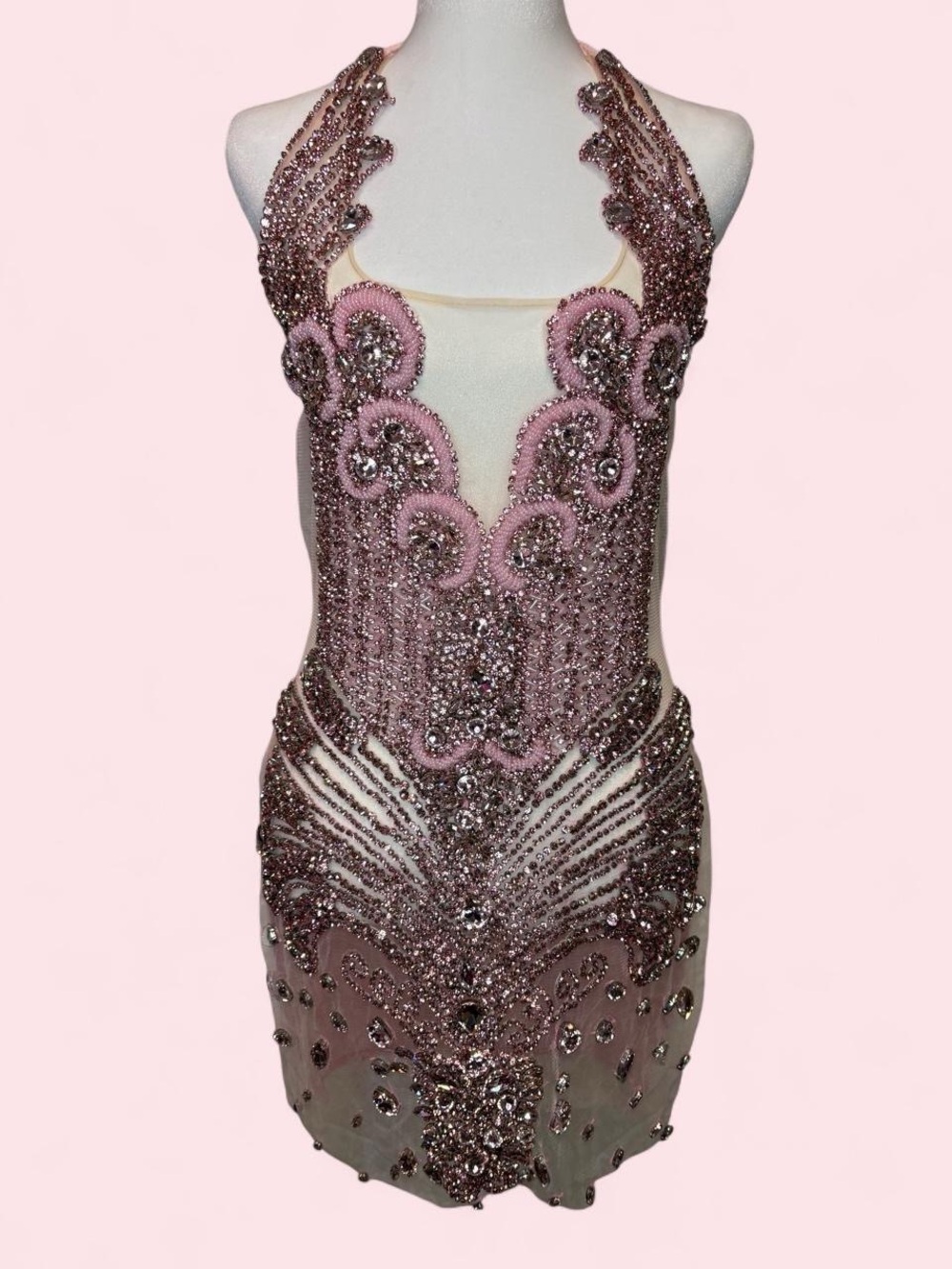Bodycon Bedazzled Gem Sheer Pink Dress with Velvet Back - Picture 1 of 9